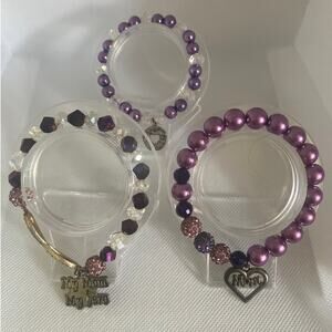 Purple Mom Charm Bracelet Set of 3 Beaded Faux Pearl Crystal Stretch Jewelry